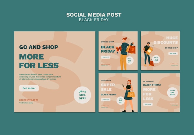 Illustrated black friday social media posts pack