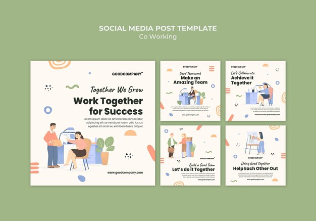 Illustrated co-working social media posts