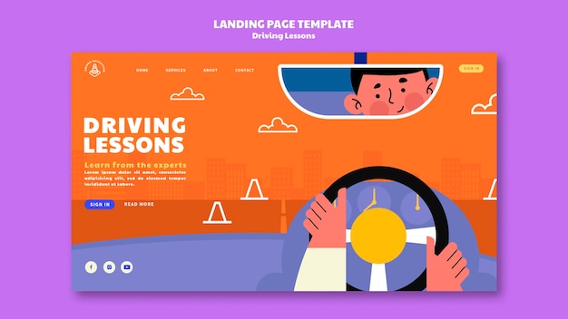 Free PSD illustrated driving school landing page template