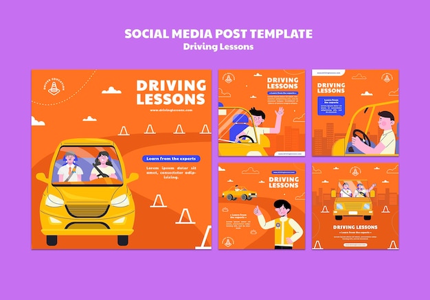 Free PSD illustrated driving school social media posts