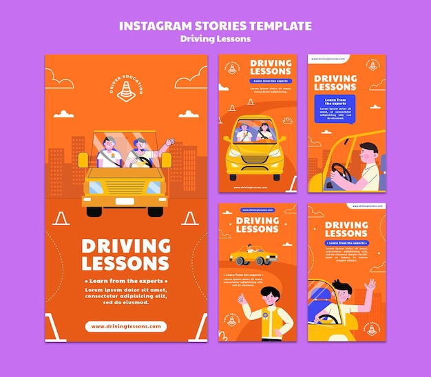 Free PSD illustrated driving school social media stories