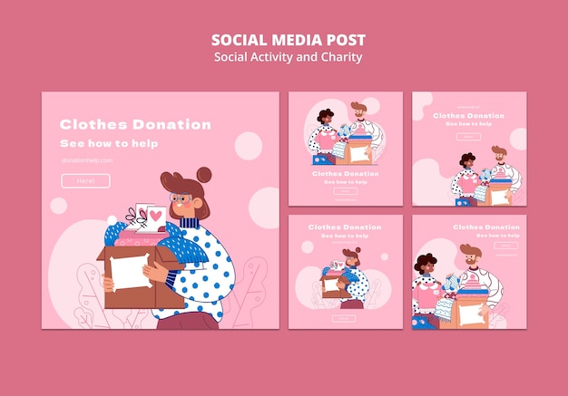 Attività sociali illustrate e post di instagram di beneficenza