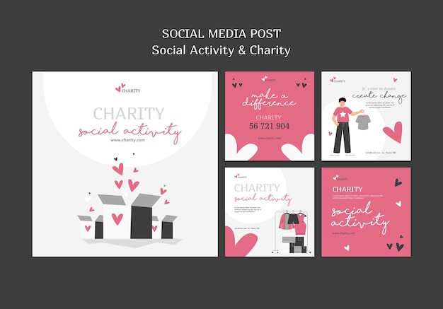 Free PSD illustrated social activity and charity instagram posts