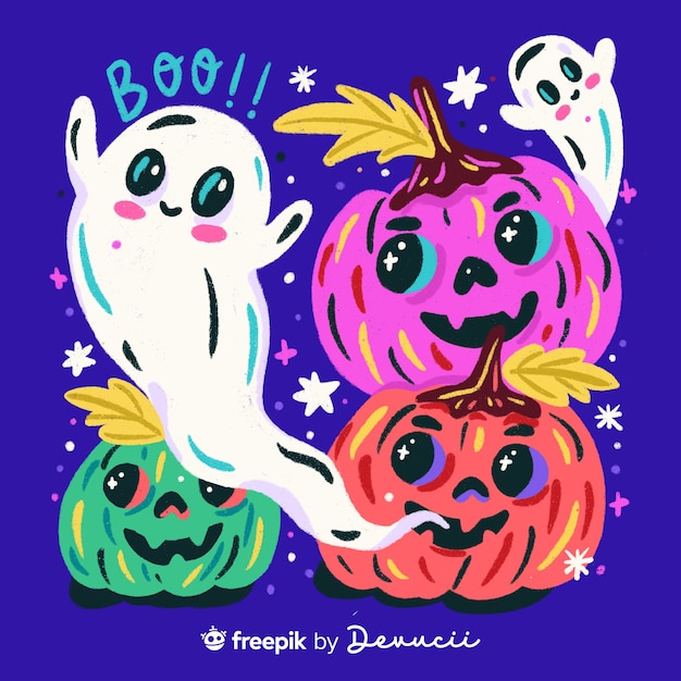 Illustration of pumpkins and ghosts