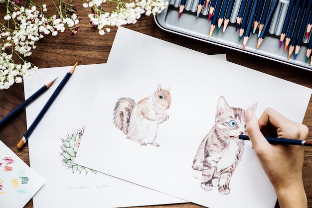 Free PSD illustrationist coloring adorable animals workspace concept