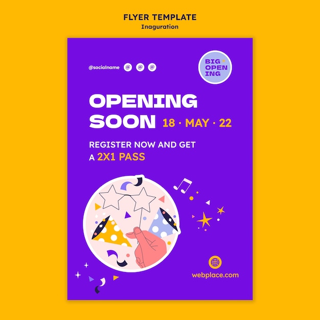 Free PSD inauguration vertical flyer template in 90's digital remake style