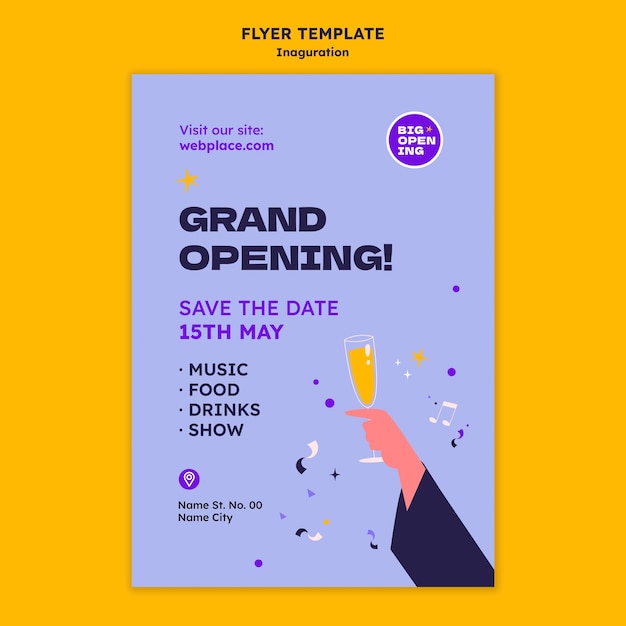 Free PSD inauguration vertical flyer template in 90's digital remake style