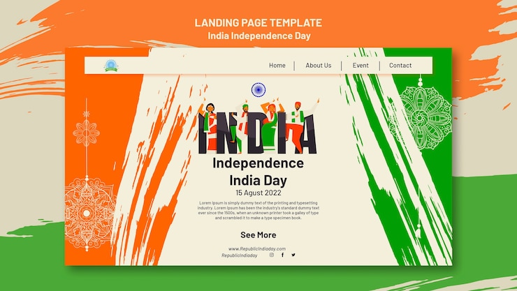 मुफ़्त PSD india independence day landing page template with people dancing and flag colors