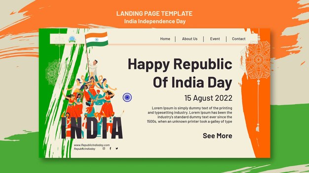 India independence day landing page template with people dancing and flag colors