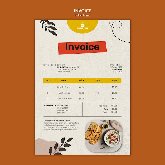 Free PSD indian food invoice design template