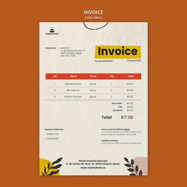 Indian food invoice design template Free Psd