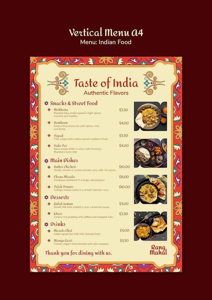 मुफ़्त PSD indian food menu template