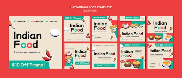 PSD gratuito raccolta di post di instagram per ristoranti e affari di cucina indiana