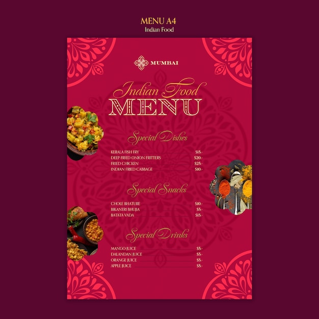 Indian food restaurant menu template with mandala design