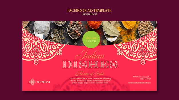 Бесплатный PSD Рекламный шаблон ресторана индийской кухни в социальных сетях с дизайном мандалы