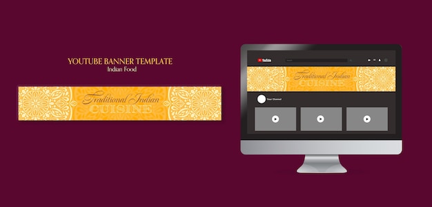 PSD gratuito modello di banner youtube ristorante cibo indiano con design mandala