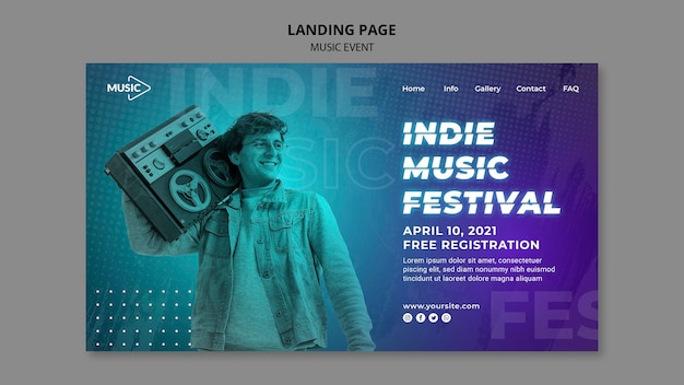 PSD gratuito modello di pagina di destinazione del festival musicale indie