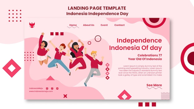 無料PSD ジャンプする人々と幾何学的な形のインドネシア独立記念日のランディングページテンプレート