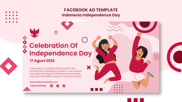 PSD gratuito modello promozionale di social media per il giorno dell'indipendenza dell'indonesia con persone che saltano e forme geometriche