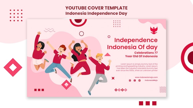 Indonesia independence day youtube cover template with people jumping and geometric shapes