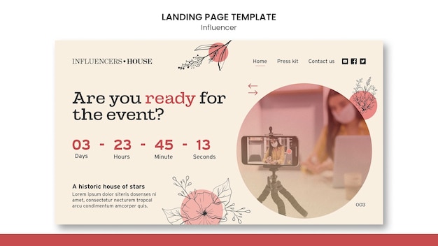 Free PSD influencer landing page template with photo