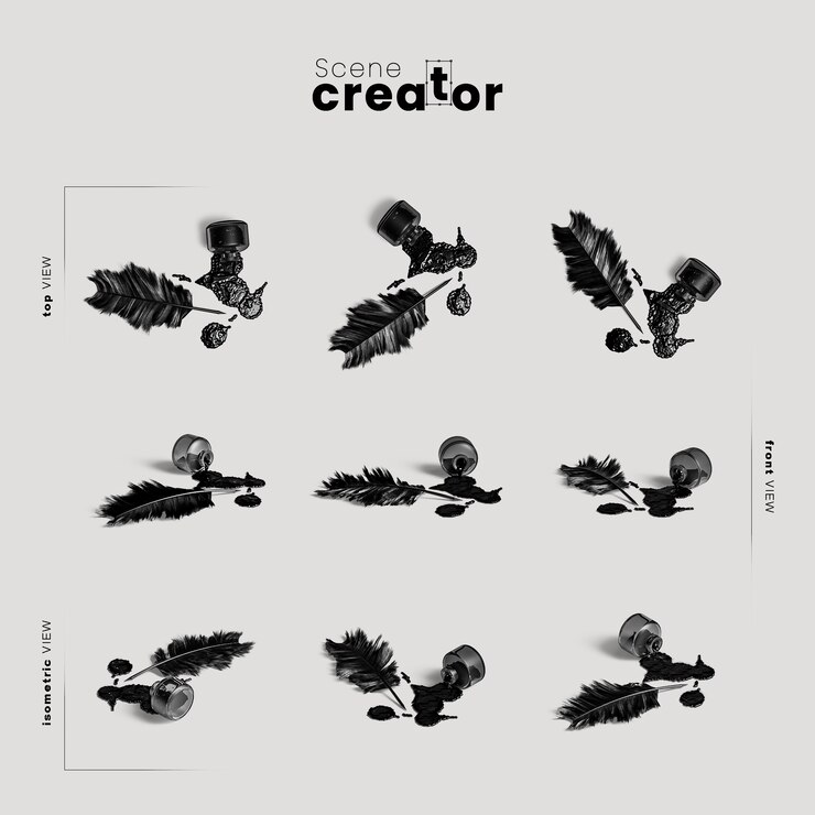 Free PSD ink pot with feather variety of angles halloween scene creator