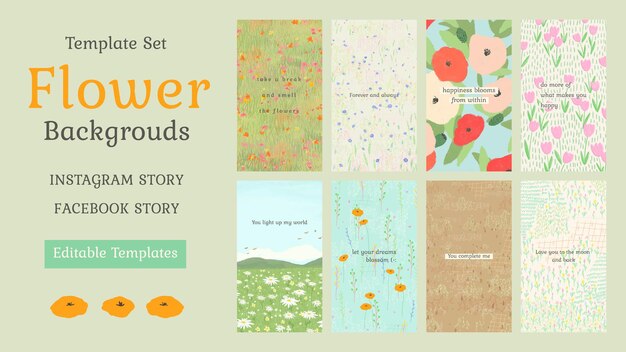 inspirational quote editable template psd on floral background for social media story set