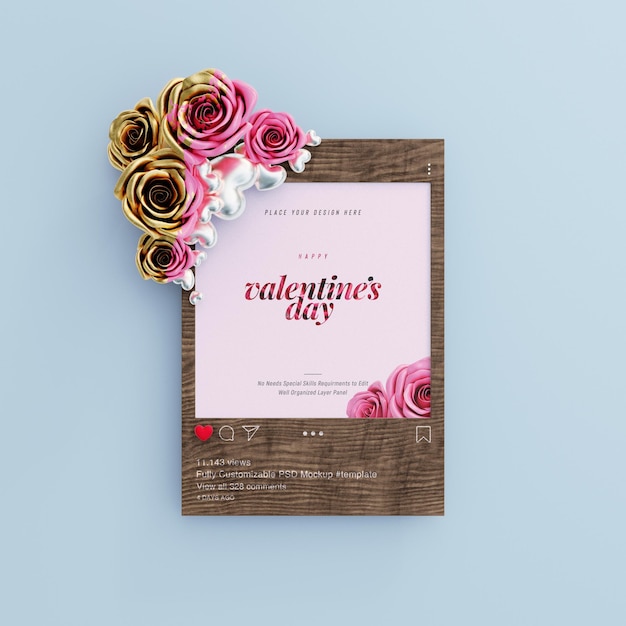 PSD gratuito mockup post instagram con vibrazioni di san valentino decorato con rose carine e cuori d'amore