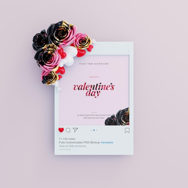 PSD gratuito mockup post instagram con vibrazioni di san valentino decorato con rose carine e cuori d'amore