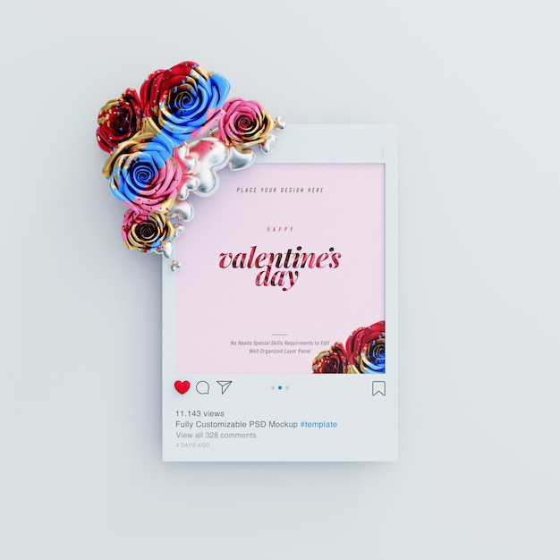 PSD gratuito mockup post instagram con vibrazioni di san valentino decorato con rose carine e cuori d'amore