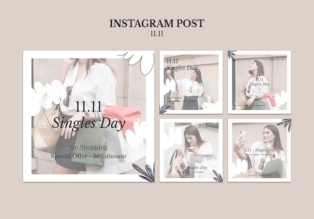 PSD gratuito raccolta di post su instagram per i saldi del giorno dei single dell'11/11 con foglie