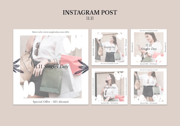 Free PSD instagram posts collection for 11.11 single's day sales with leaves