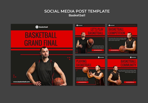 PSD gratuito raccolta di post su instagram per partita di basket con giocatore maschio