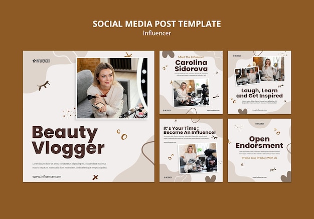 Free PSD instagram posts collection for beauty vlogger with young woman