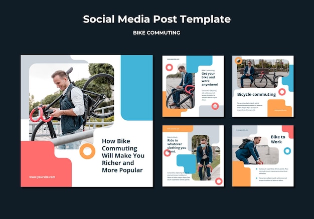 PSD gratuito raccolta di post su instagram per il pendolarismo in bicicletta con un passeggero maschio