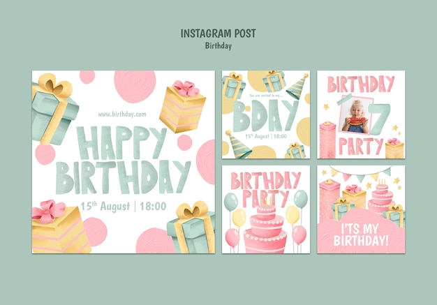 PSD gratuito raccolta di post su instagram per la celebrazione della festa di compleanno