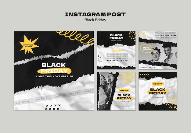 PSD gratuito raccolta di post di instagram per le vendite del black friday con texture di carta strappata