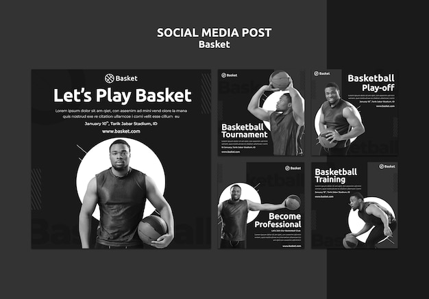 instagram posts collection in black and white with male basketball athlete