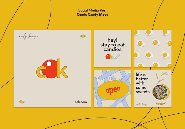 PSD gratuito raccolta di post di instagram per caramelle in stile fumetto