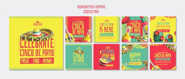 PSD gratuito raccolta di post su instagram per la celebrazione del cinco de mayo