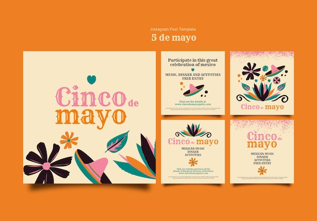 PSD gratuito raccolta di post su instagram per la celebrazione del cinco de mayo