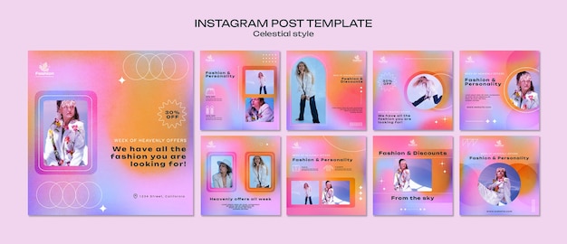 PSD gratuito raccolta di post su instagram per negozio di moda in stile celestiale