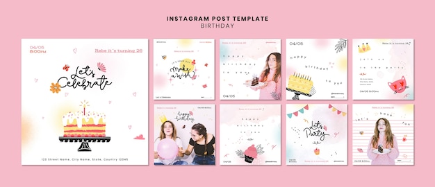 無料PSD 誕生日のお祝いのためのinstagramの投稿コレクション