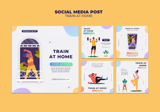 無料PSD instagramは自宅でのフィットネストレーニングのためのコレクションを投稿します