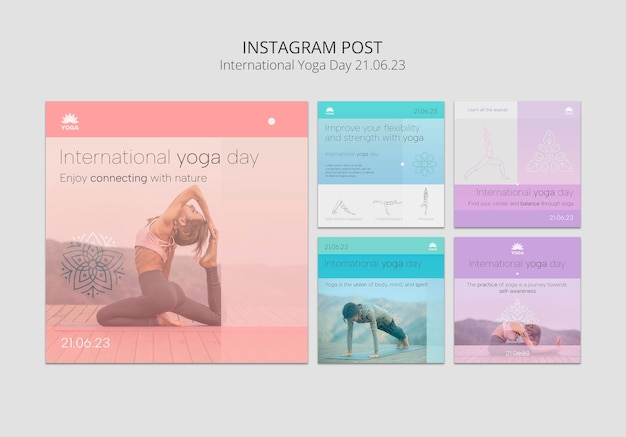 Бесплатный PSD Коллекция постов в инстаграм для празднования международного дня йоги