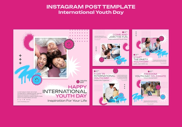 無料PSD 国際青少年の日のお祝いのための instagram 投稿コレクション