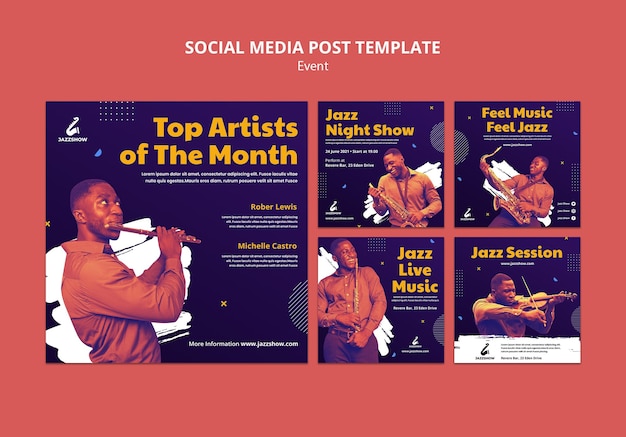 Бесплатный PSD Коллекция постов в инстаграм для мероприятия, посвященного джазовой музыке