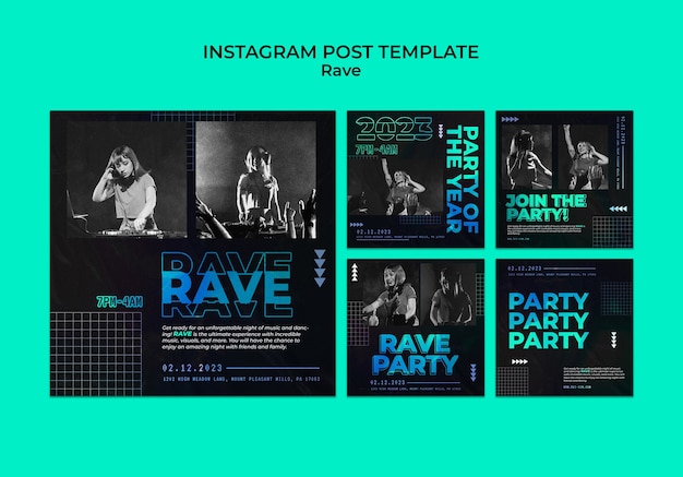 Бесплатный PSD Коллекция постов в instagram для рейв-вечеринки