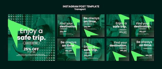 Бесплатный PSD Коллекция постов в instagram для транспорта и поездок на работу