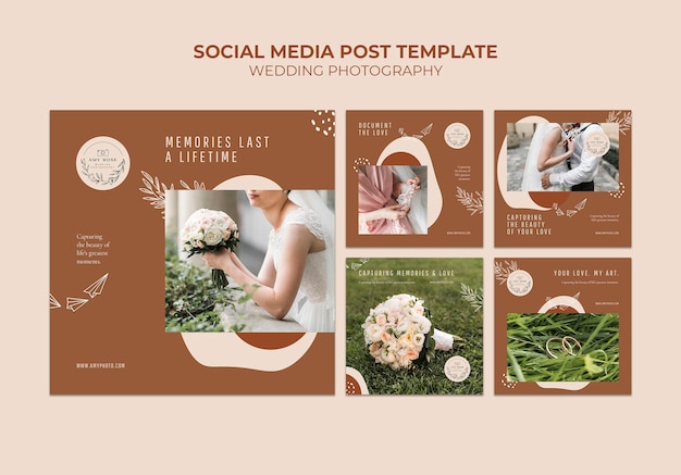 Бесплатный PSD Коллекция постов в instagram для услуги свадебной фотосъемки